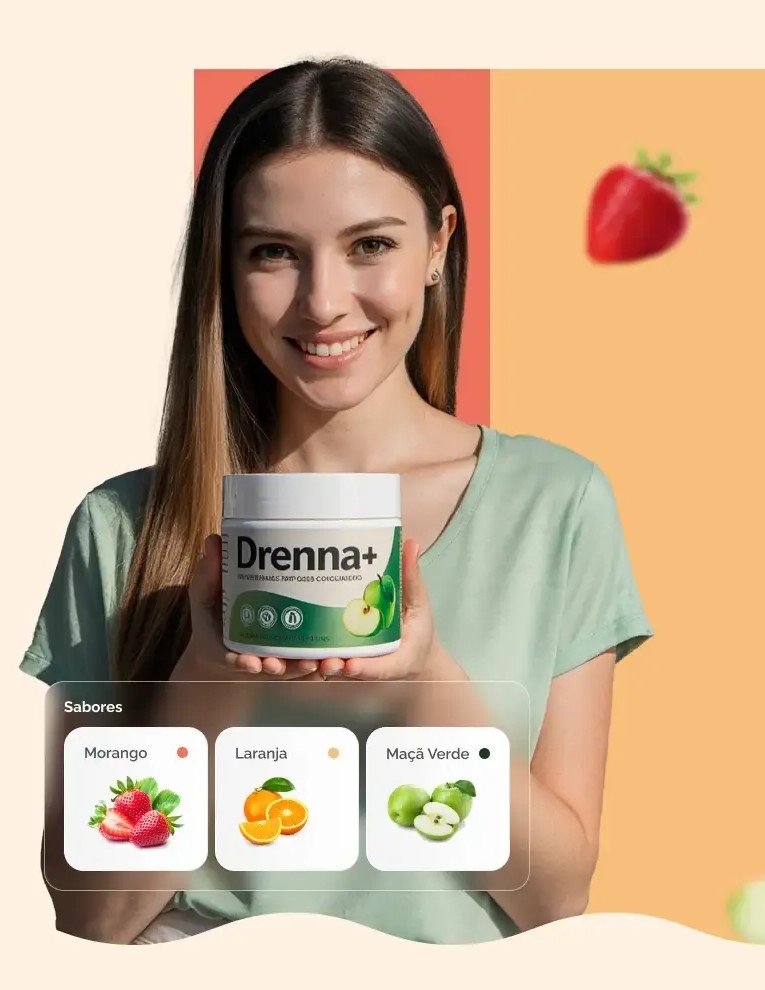 Na imagem vemos uma mulher jovem de 30 anos aproximadamente segurando uma embalagem do produto Drenna mais embaixo dessa imagem tem três blocos brancos com imagens de frutas